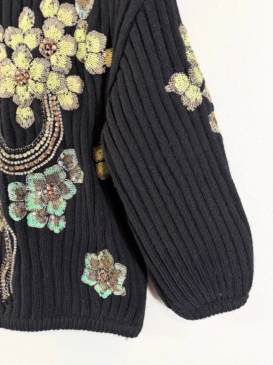 Zara Limited Edition Sequin Sweater Size S Black Ribbed Knit Beaded Floral - Picture 5 of 13
